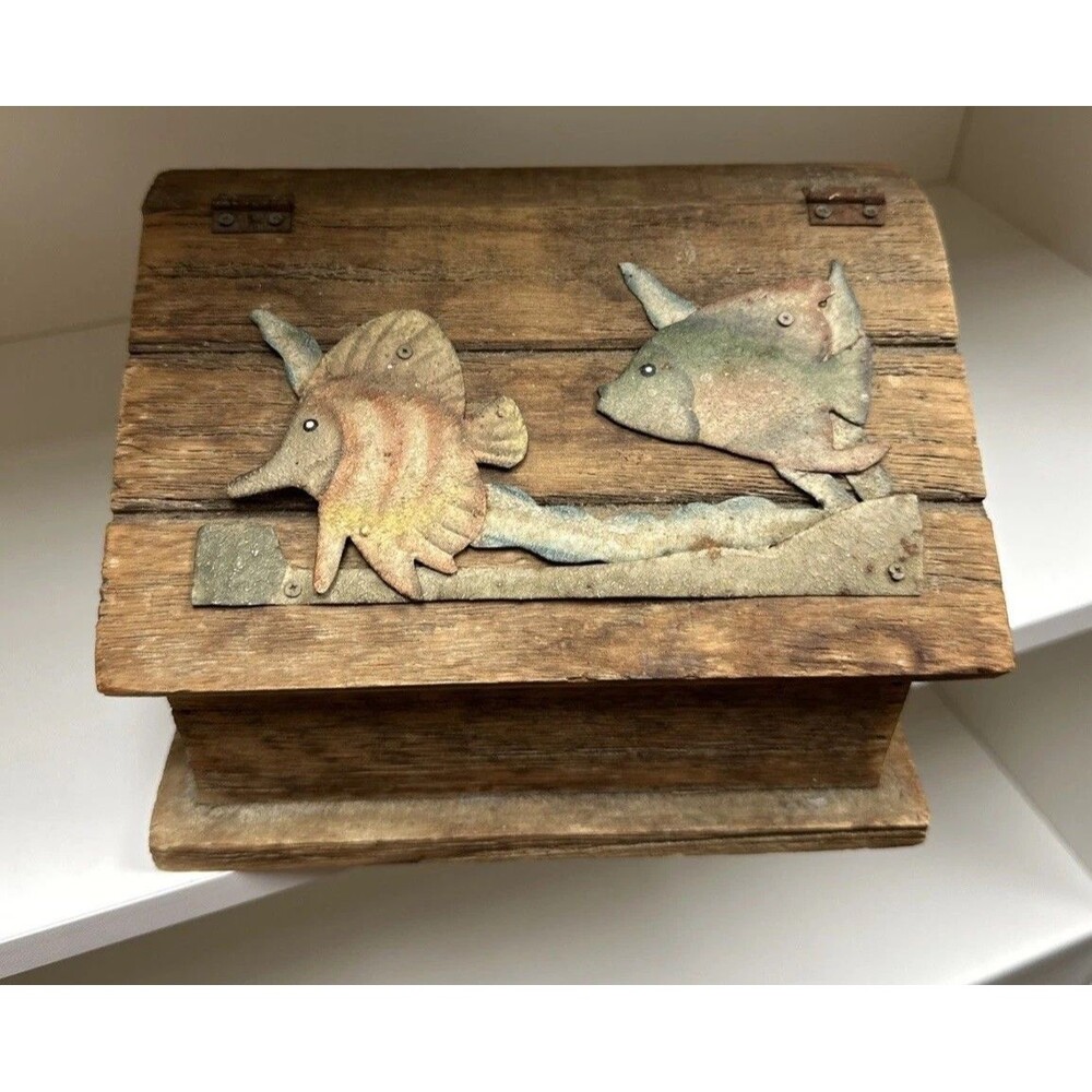 Vintage Wood Small Box Fish Fishing Storage Rustic Farmhouse